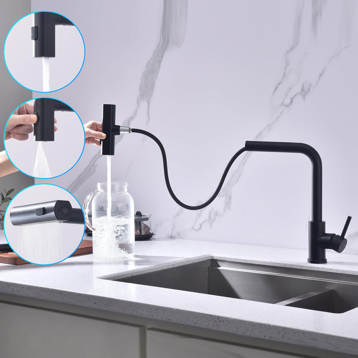 Rubinetto Bagno Girevole 1080° In Acciaio Inox 304 – Nero – Con Tubi Da 60 Cm E 3 Modalità Di Getto