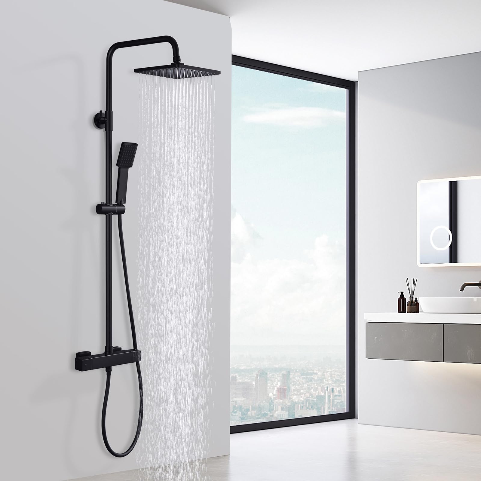 Miscelatore Doccia Termostatico Nero - Rubinetto Da Muro Con Sicurezza 38°C, Design Rotondo - Foto 7