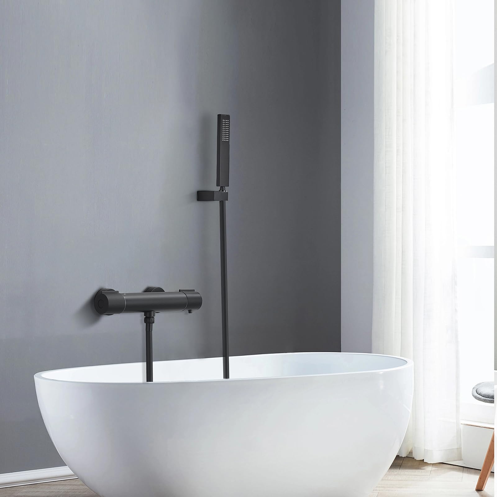 HOMELODY Sistema doccia con termostato nero, rubinetto doccia in acciaio inox con rubinetto, con doccetta in ABS, doccetta regolabile, asta doccia regolabile