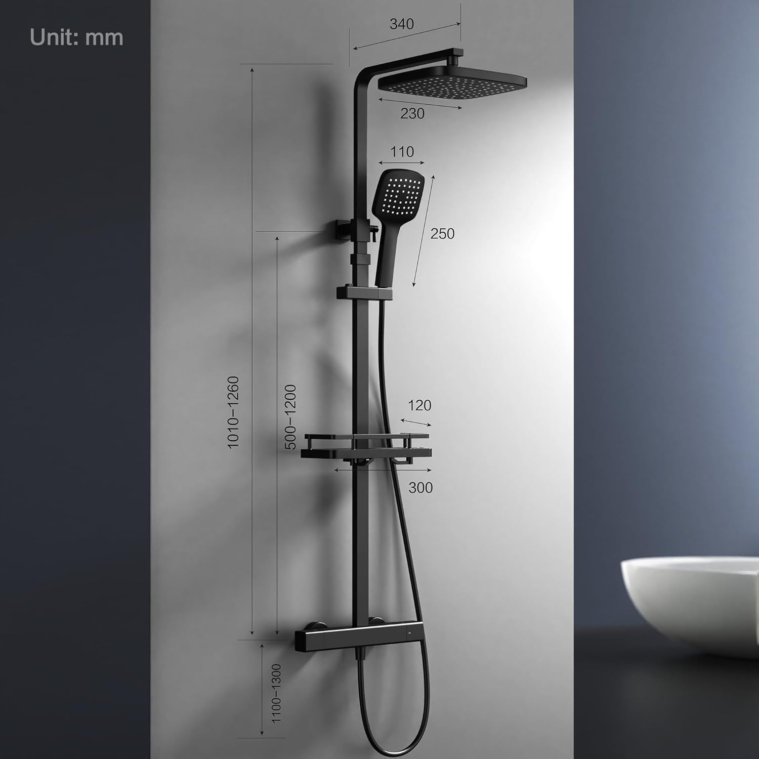 HOMELODY Sistema doccia con termostato e ripiano per doccia, colore nero, set completo con doccetta e soffione – regolabile in altezza, blocco di sicurezza a 38 °C