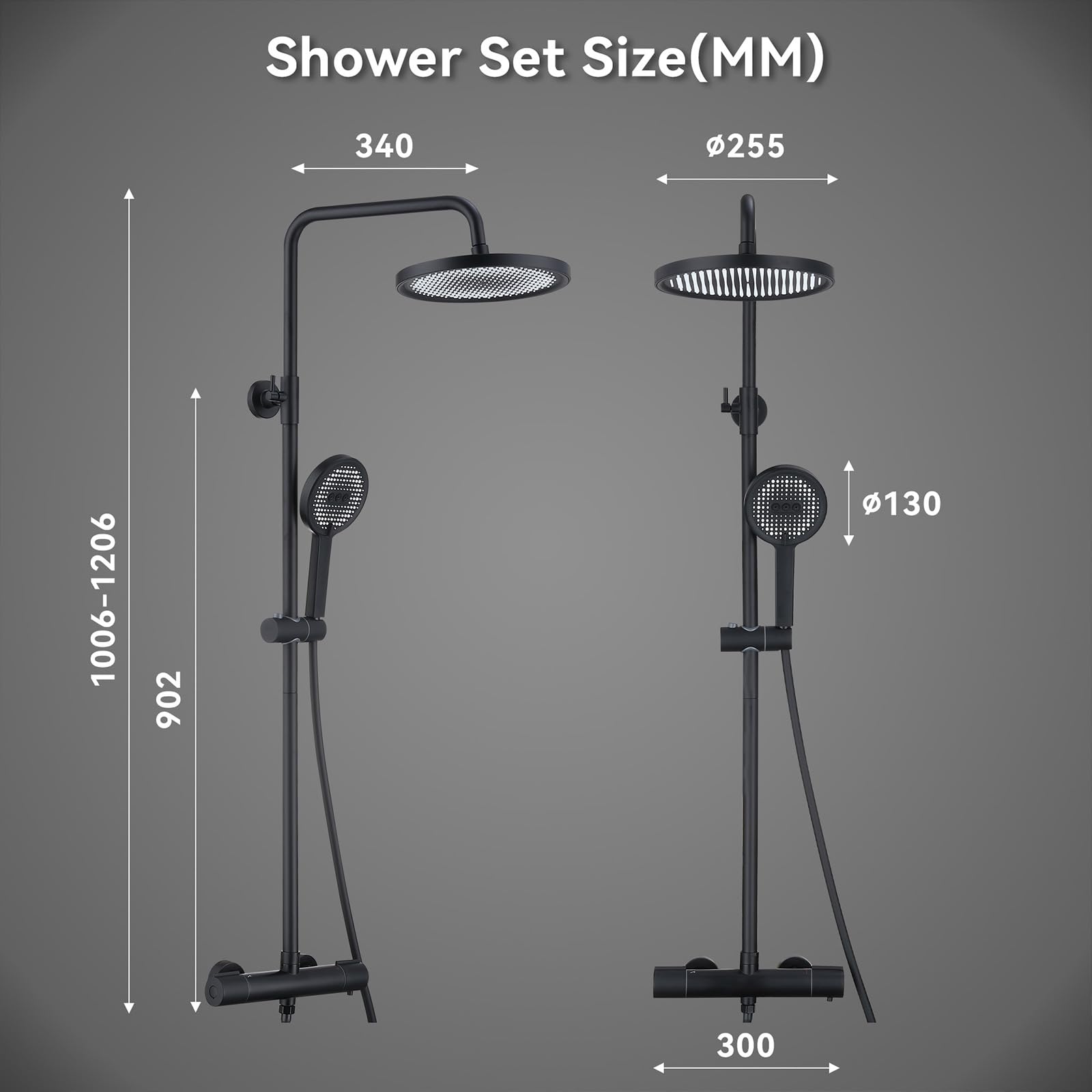 HOMELODY Sistema doccia con termostato, nero, set completo con 3 tipi di getto, soffione doccia rotondo, doccia a pioggia con rubinetto, 30 cm