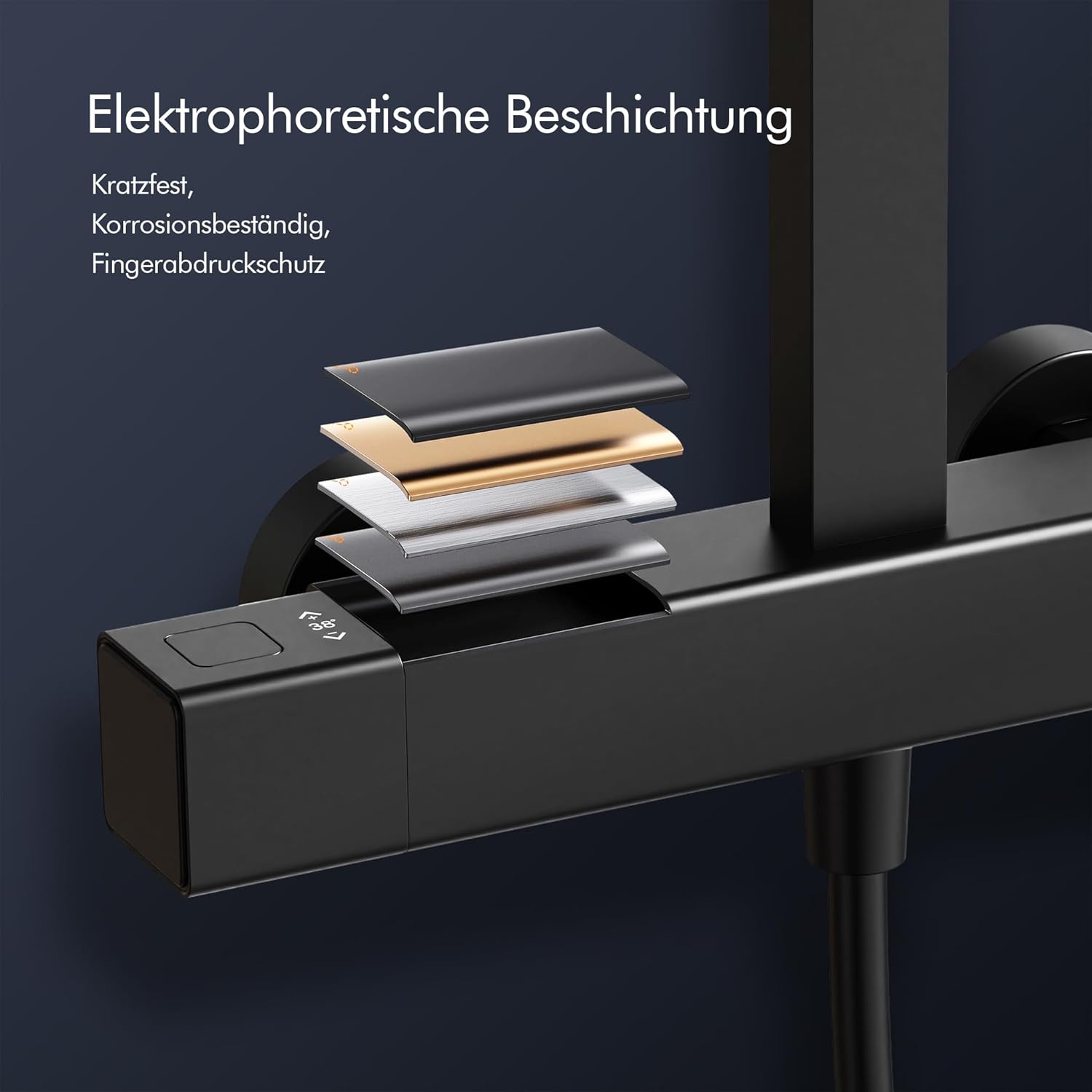 HOMELODY Sistema doccia con termostato e ripiano per doccia, colore nero, set completo con doccetta e soffione – regolabile in altezza, blocco di sicurezza a 38 °C