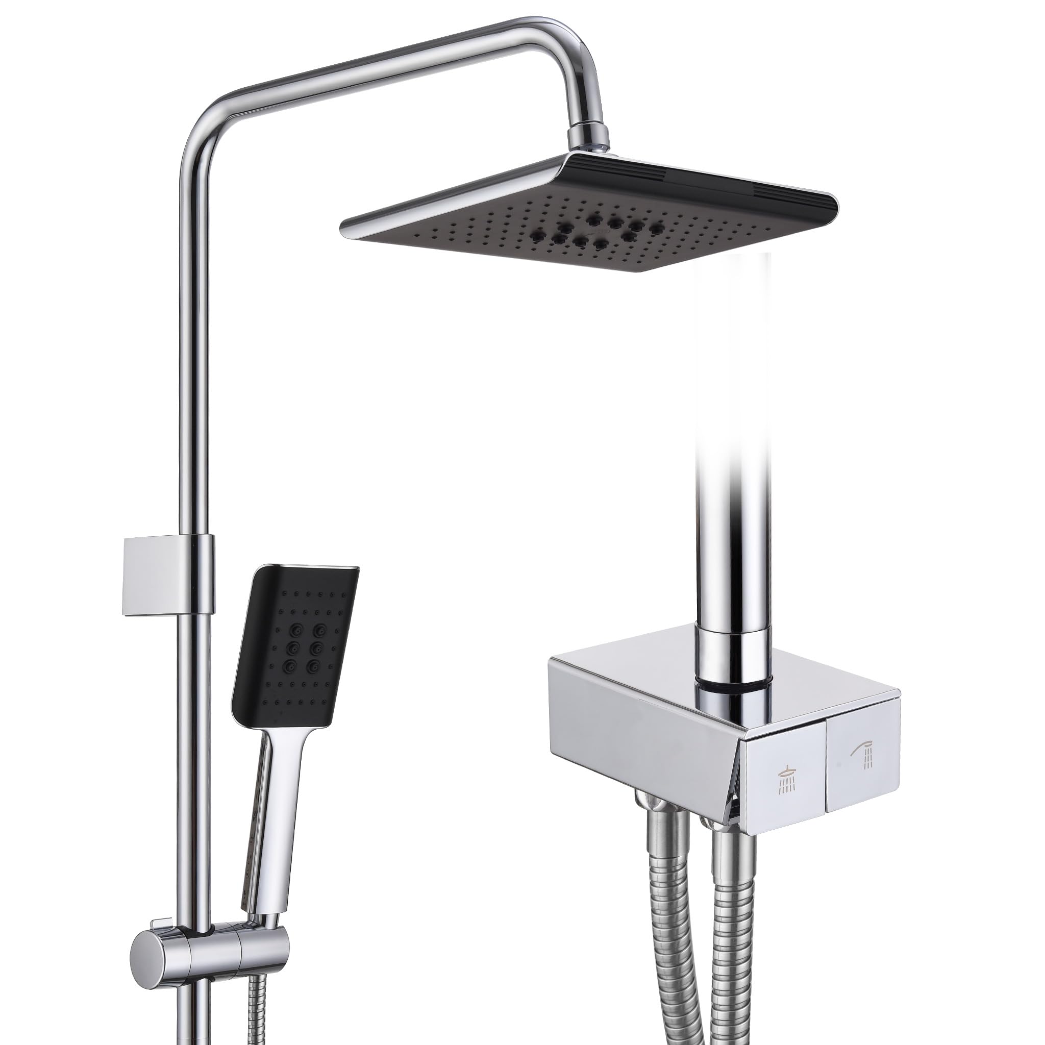 HOMELODY Sistema doccia senza rubinetto, nero a pioggia, in acciaio inox, set doccia rettangolare, colonna doccia regolabile con soffione doccia, 20 x 20 cm