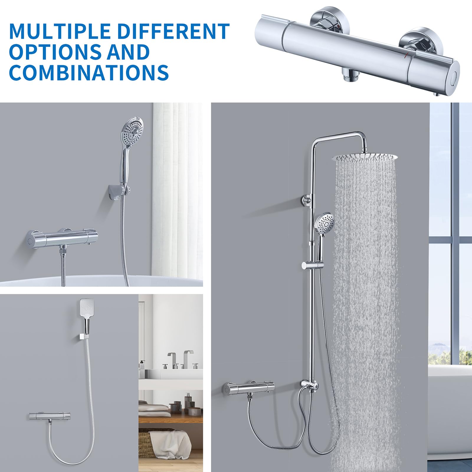 HOMELODY Sistema doccia con termostato cromato, rubinetto per doccia in acciaio inox, con rubinetto, con doccetta in ABS, soffione regolabile