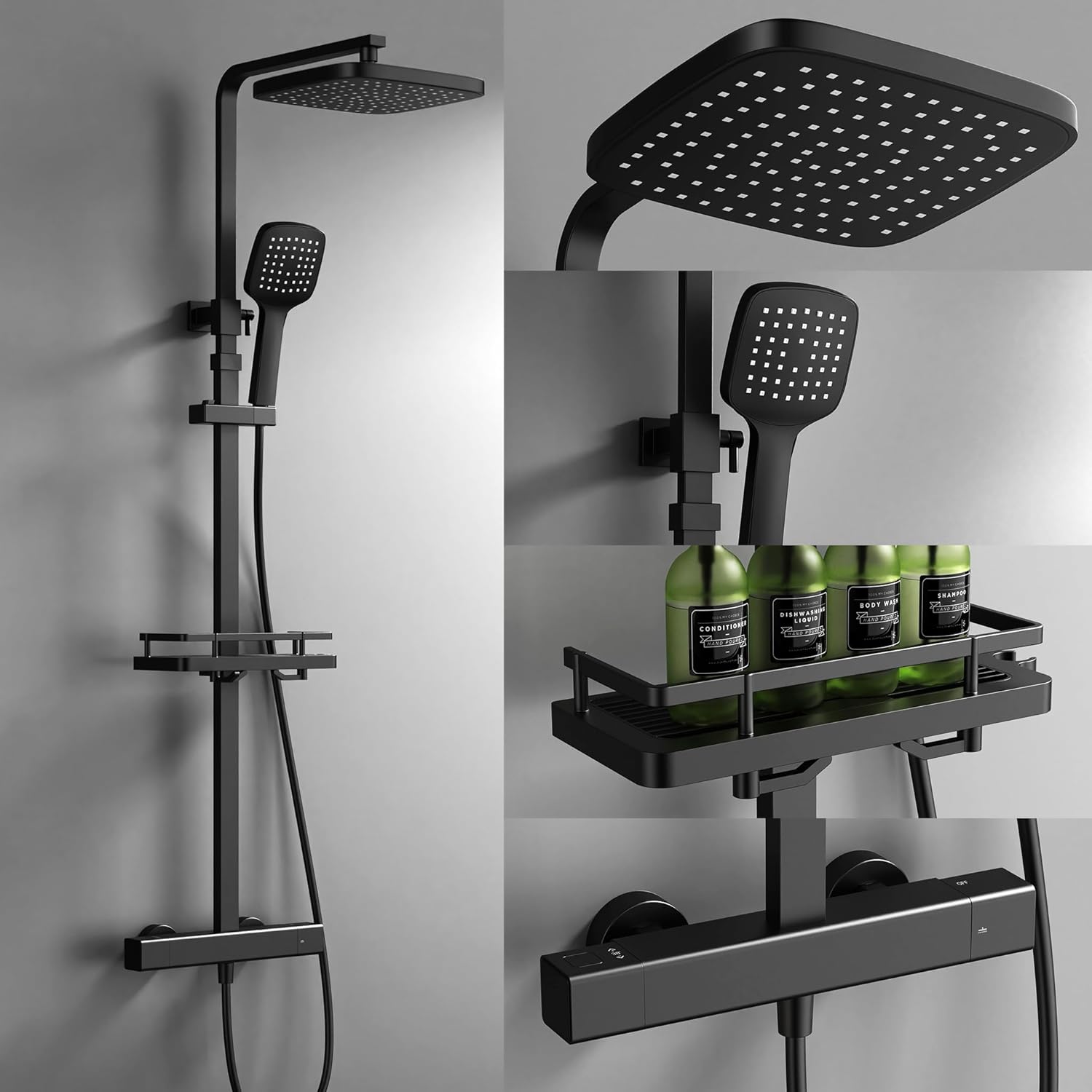 HOMELODY Sistema doccia con termostato e ripiano per doccia, colore nero, set completo con doccetta e soffione – regolabile in altezza, blocco di sicurezza a 38 °C