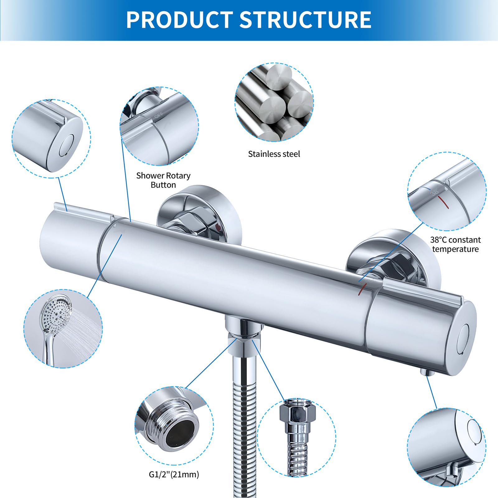 HOMELODY Sistema doccia con termostato cromato, rubinetto per doccia in acciaio inox, con rubinetto, con doccetta in ABS, soffione regolabile