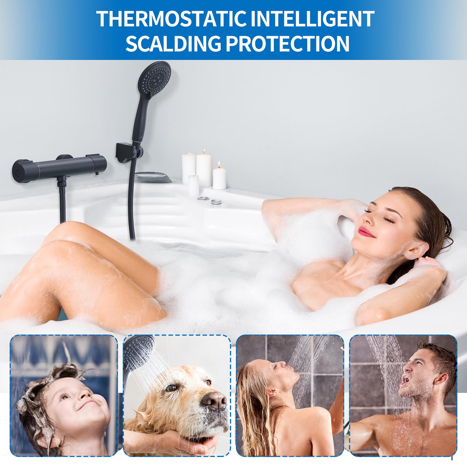 HOMELODY Sistema doccia con termostato nero, rubinetto doccia in acciaio inox con rubinetto, con doccetta in ABS, doccetta regolabile, asta doccia regolabile
