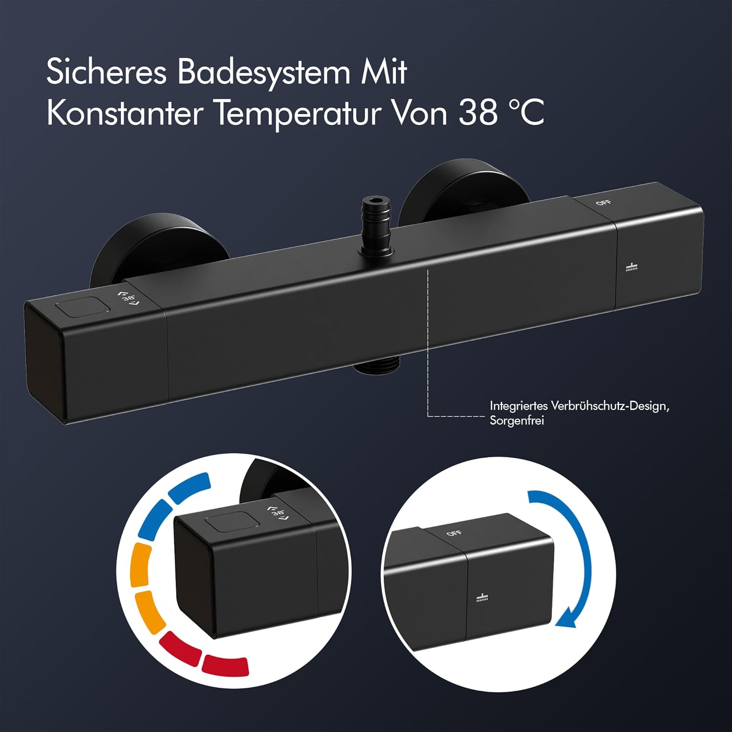HOMELODY Sistema doccia con termostato e ripiano per doccia, colore nero, set completo con doccetta e soffione – regolabile in altezza, blocco di sicurezza a 38 °C