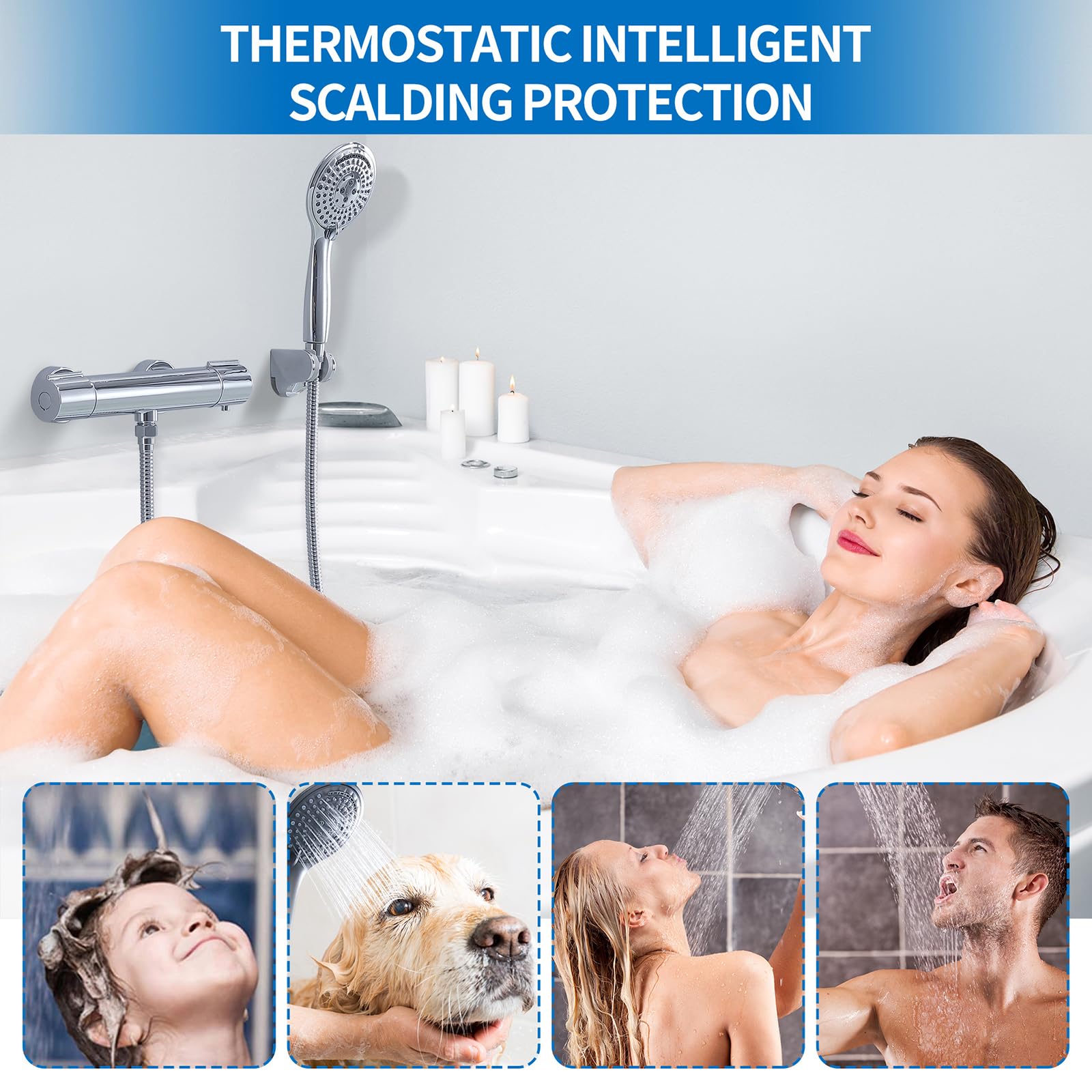 HOMELODY Sistema doccia con termostato cromato, rubinetto per doccia in acciaio inox, con rubinetto, con doccetta in ABS, soffione regolabile