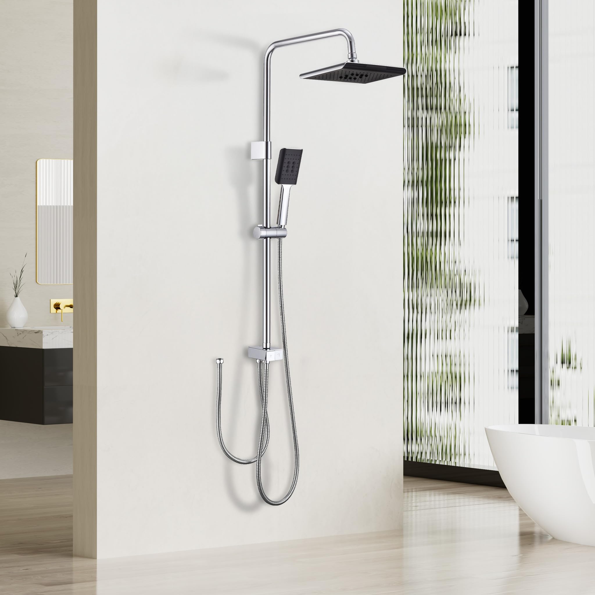 HOMELODY Sistema doccia senza rubinetto, nero a pioggia, in acciaio inox, set doccia rettangolare, colonna doccia regolabile con soffione doccia, 20 x 20 cm