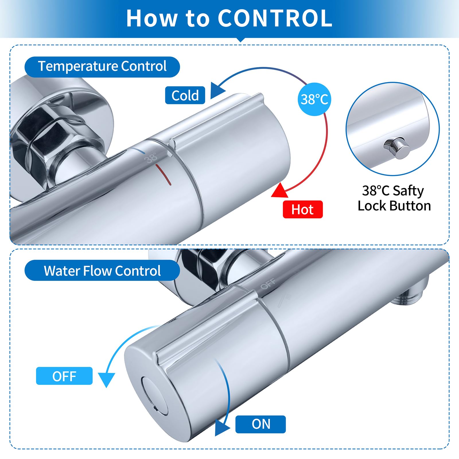 HOMELODY Sistema doccia con termostato cromato, rubinetto per doccia in acciaio inox, con rubinetto, con doccetta in ABS, soffione regolabile