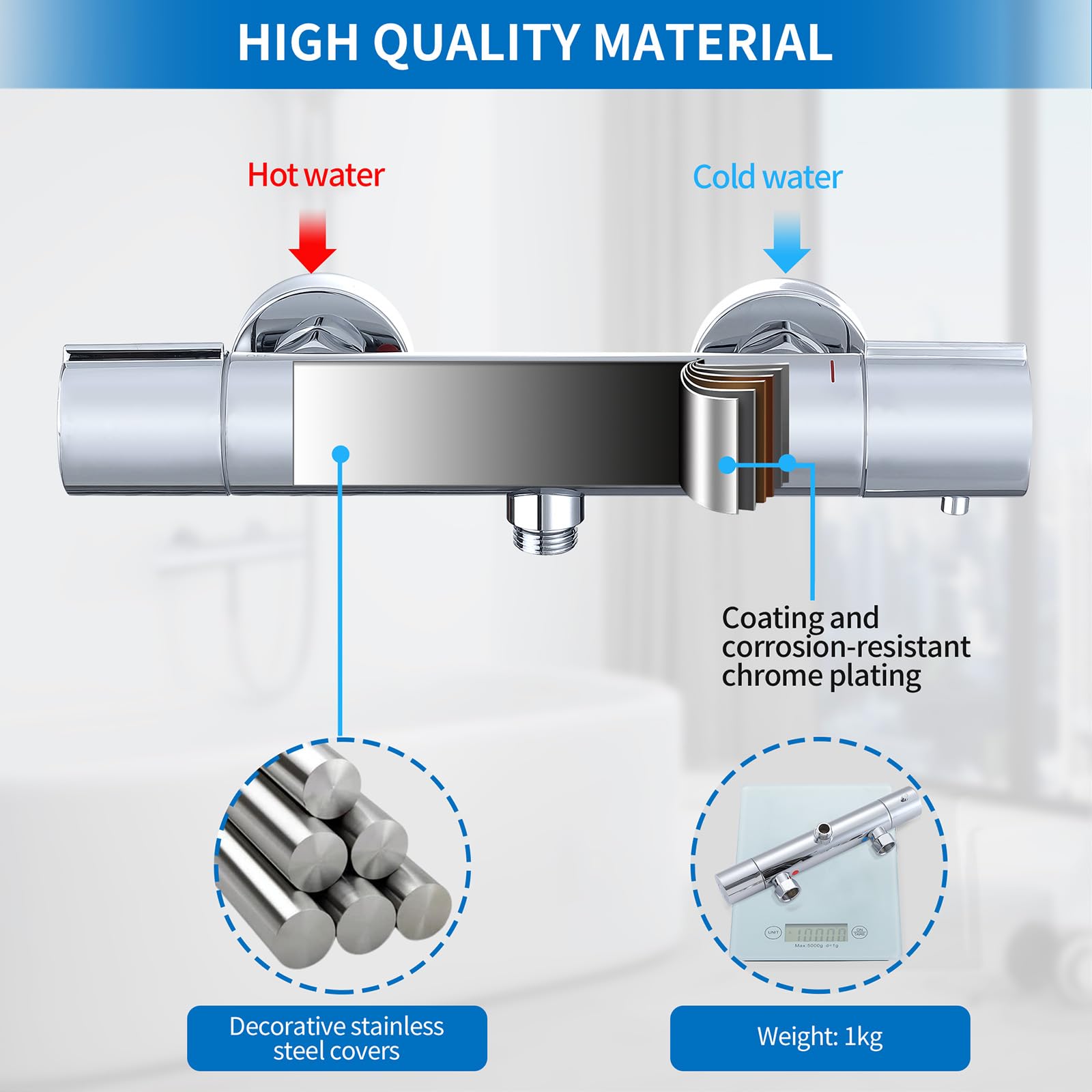 HOMELODY Sistema doccia con termostato cromato, rubinetto per doccia in acciaio inox, con rubinetto, con doccetta in ABS, soffione regolabile
