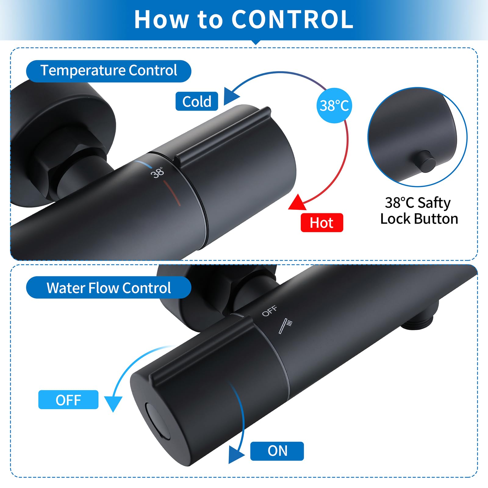 HOMELODY Sistema doccia con termostato nero, rubinetto doccia in acciaio inox con rubinetto, con doccetta in ABS, doccetta regolabile, asta doccia regolabile