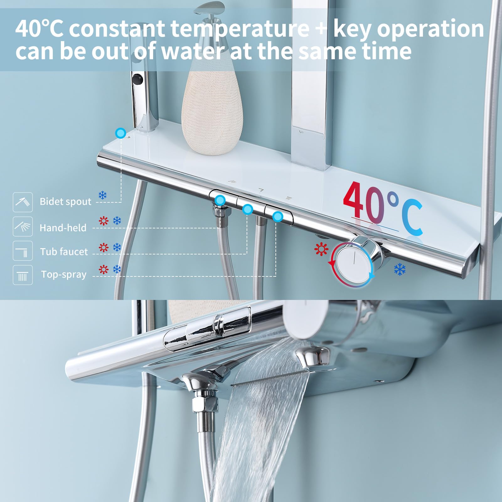 HOMELODY Colonna Doccia con Miscelatore Termostatico Ottone con 3 funzioni Sistema Doccia a Pioggia 8 pollici quadrato [Classe di efficienza energetica A+++]