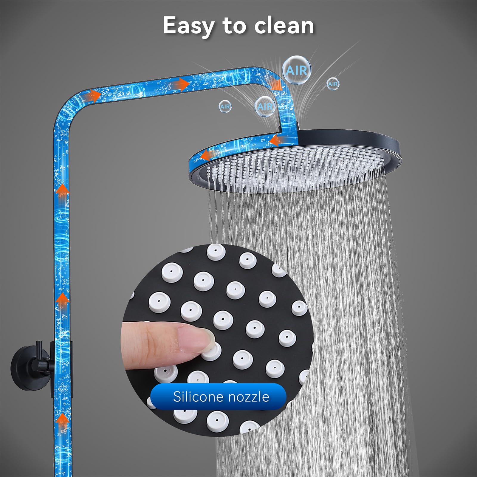 HOMELODY Sistema doccia con termostato, nero, set completo con 3 tipi di getto, soffione doccia rotondo, doccia a pioggia con rubinetto, 30 cm
