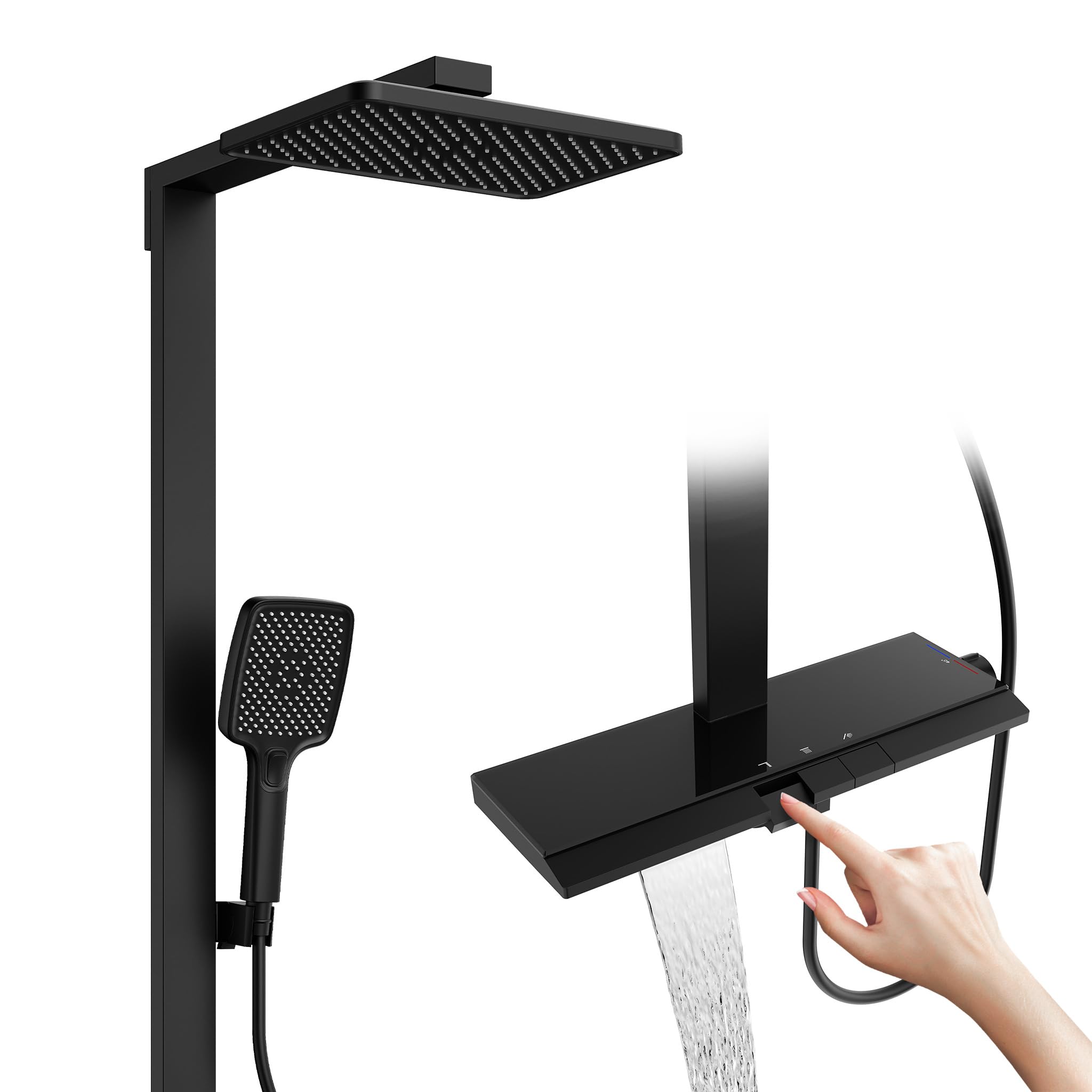 HOMELODY Sistema doccia con termostato e ripiano in vetro, set completo, doccetta con 3 tipi di getto, doccia a pioggia con rubinetto, set colonna doccia