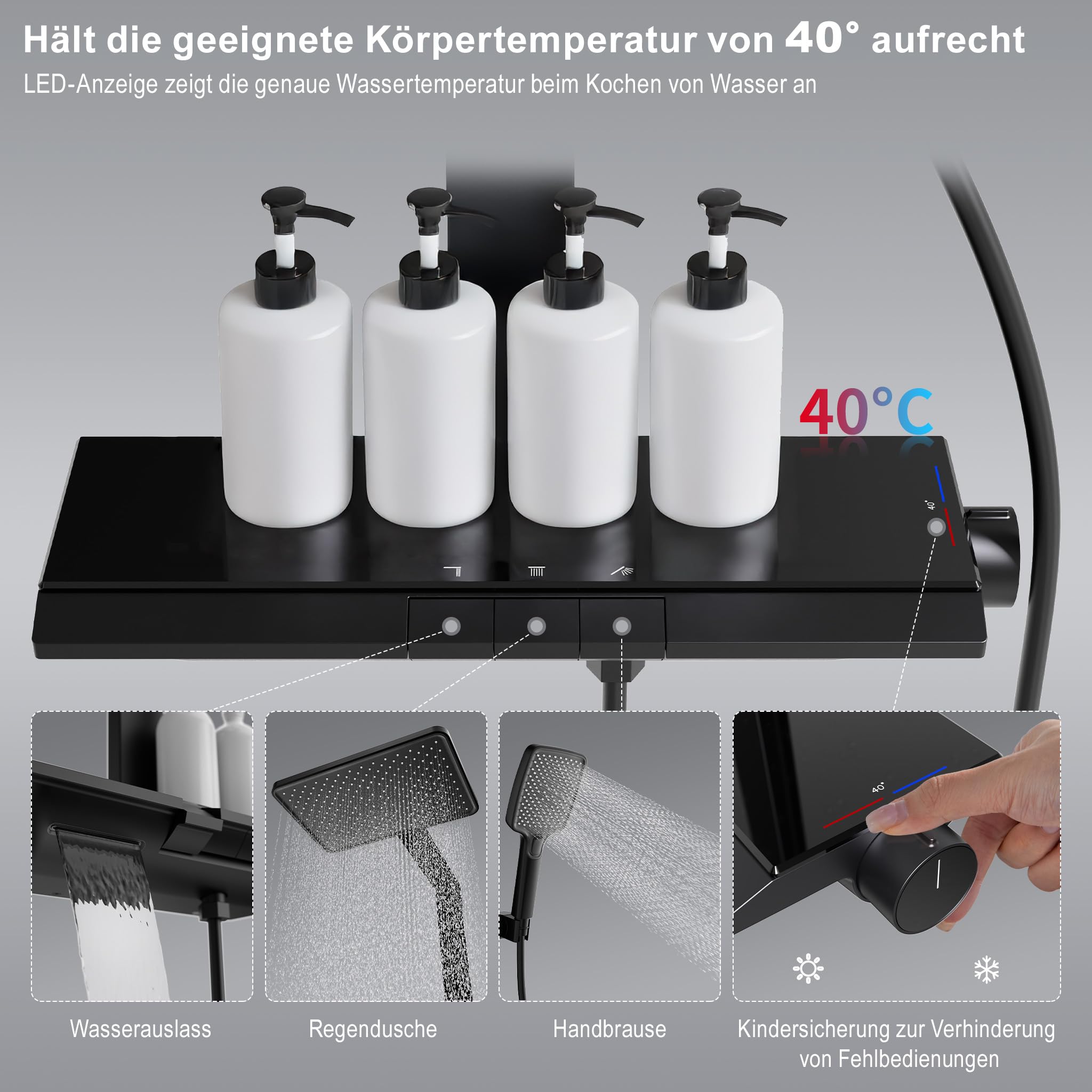 HOMELODY Sistema doccia con termostato e ripiano in vetro, set completo, doccetta con 3 tipi di getto, doccia a pioggia con rubinetto, set colonna doccia