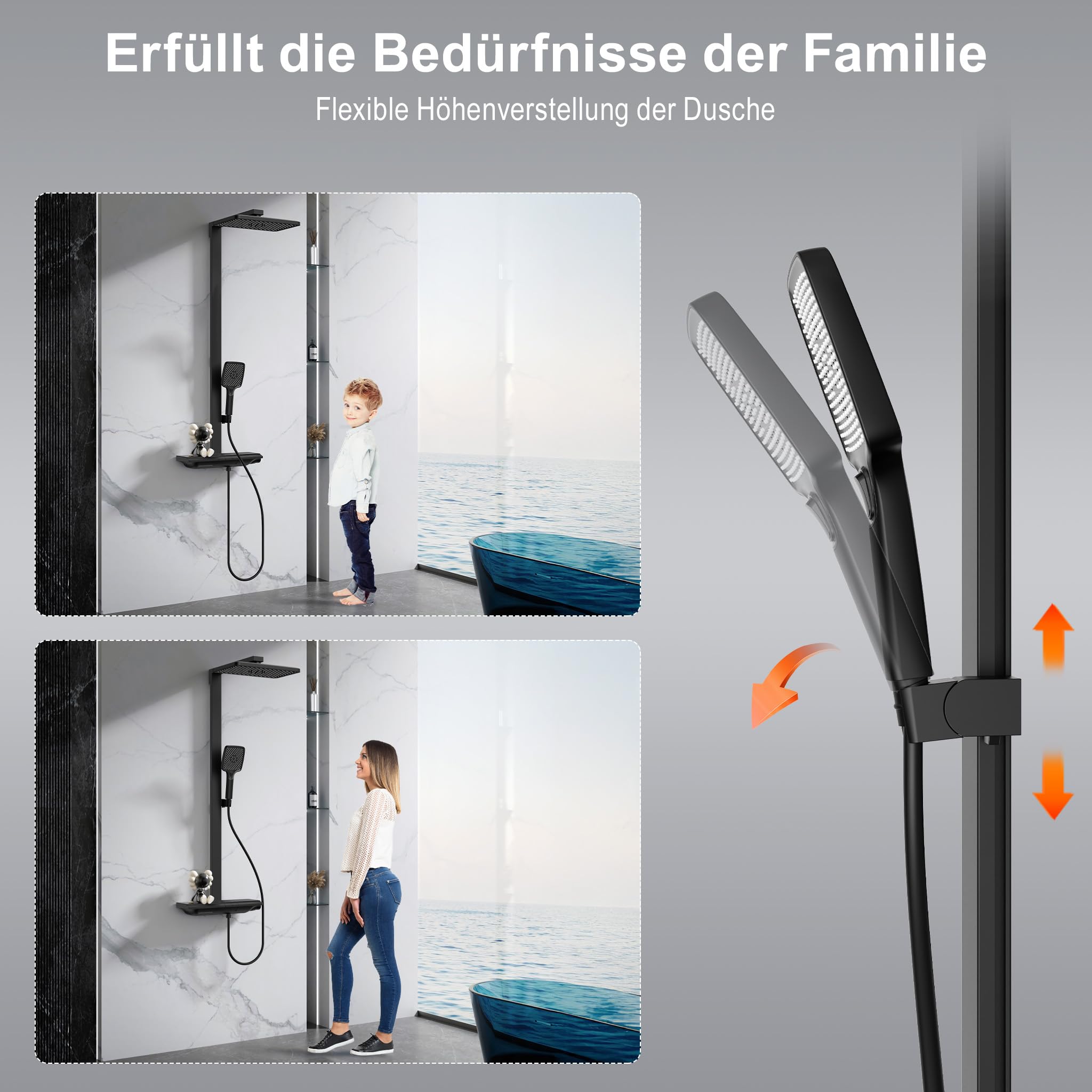 HOMELODY Sistema doccia con termostato e ripiano in vetro, set completo, doccetta con 3 tipi di getto, doccia a pioggia con rubinetto, set colonna doccia