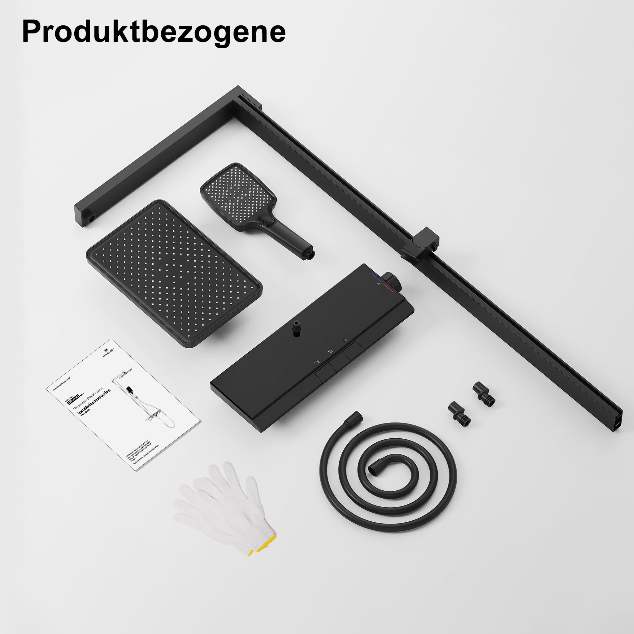 HOMELODY Sistema doccia con termostato e ripiano in vetro, set completo, doccetta con 3 tipi di getto, doccia a pioggia con rubinetto, set colonna doccia