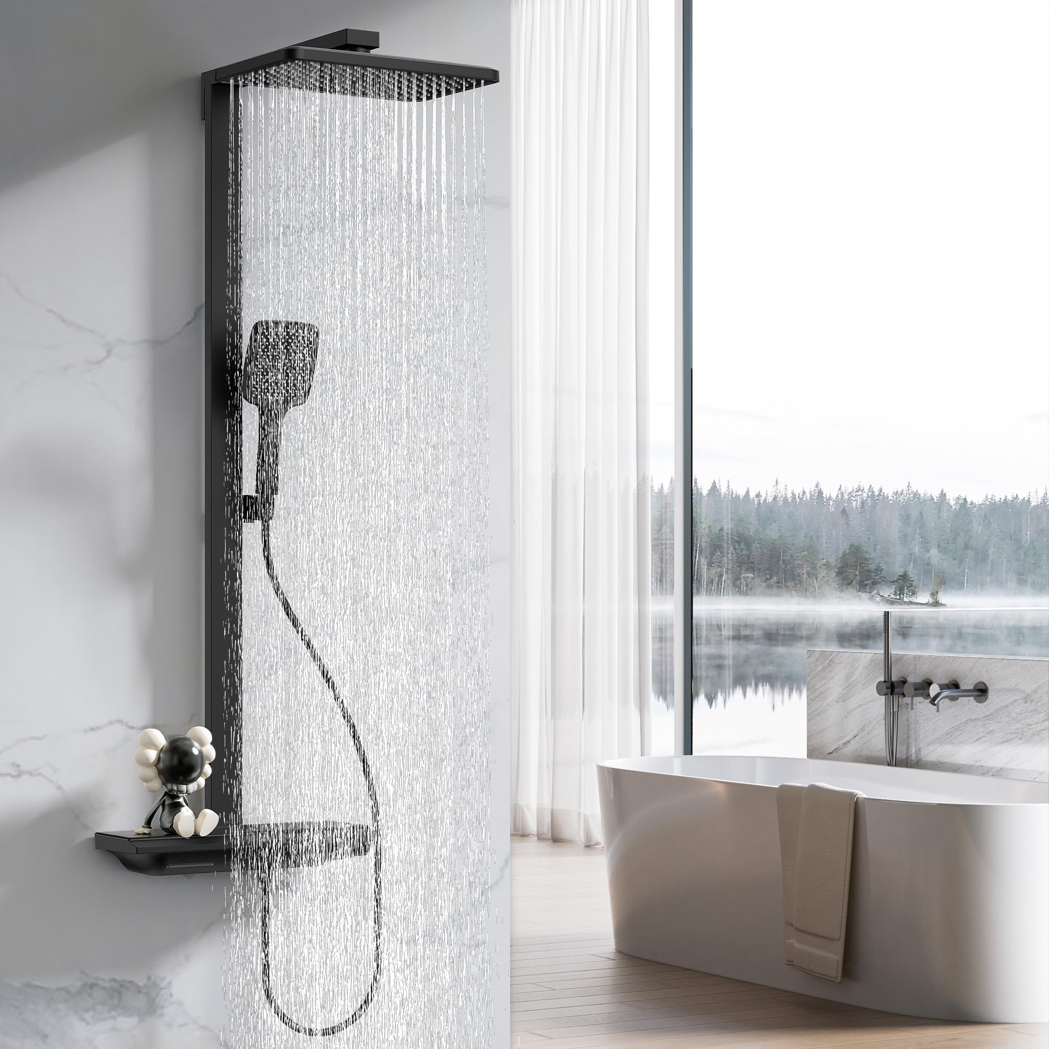 HOMELODY Sistema doccia con termostato e ripiano in vetro, set completo, doccetta con 3 tipi di getto, doccia a pioggia con rubinetto, set colonna doccia