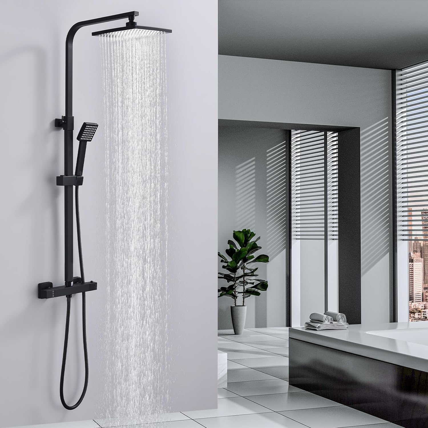 HOMELODY Sistema doccia con termostato nero, rubinetto doccia in acciaio inox con rubinetto, con doccetta in ABS, doccetta regolabile