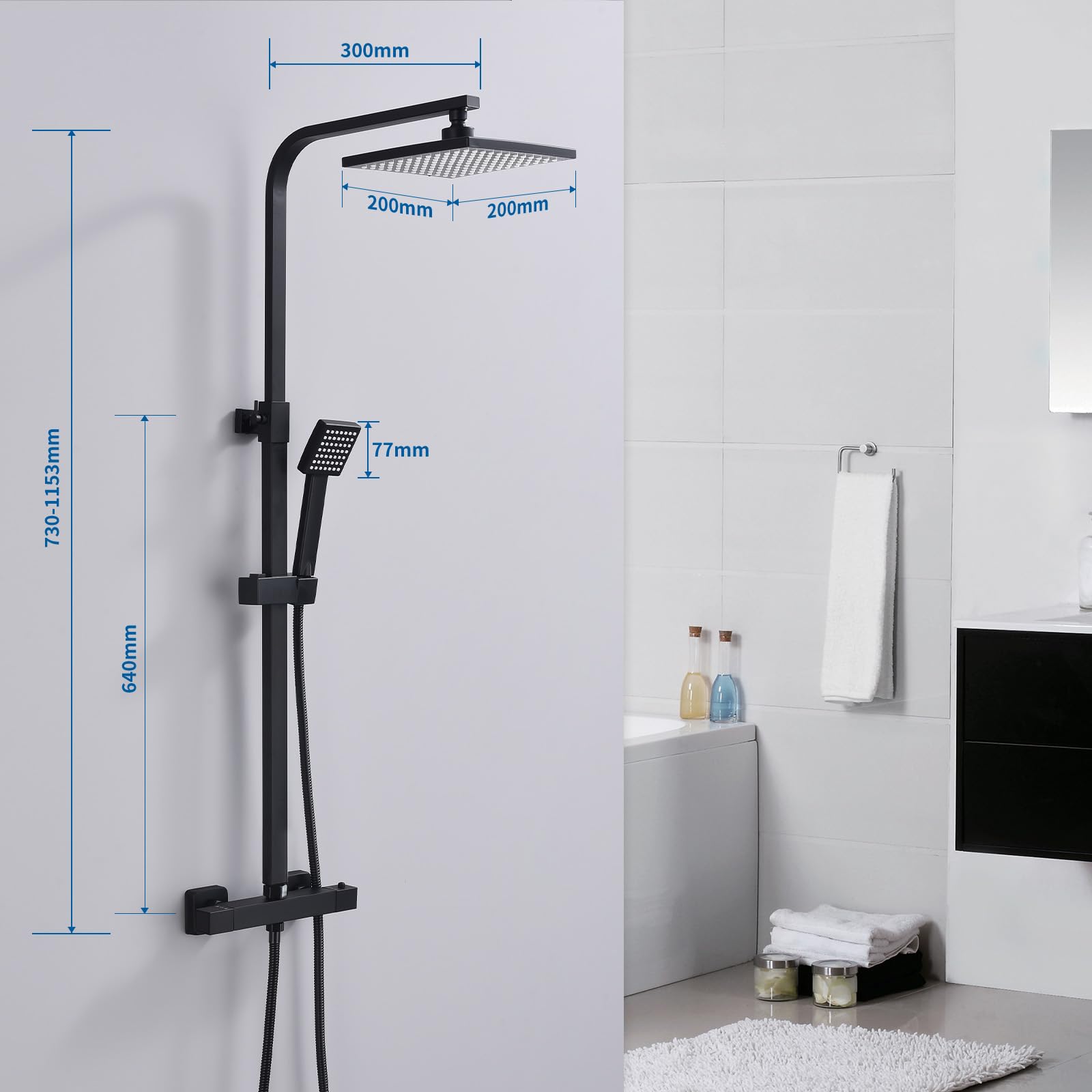 HOMELODY Sistema doccia con termostato nero, rubinetto doccia in acciaio inox con rubinetto, con doccetta in ABS, doccetta regolabile