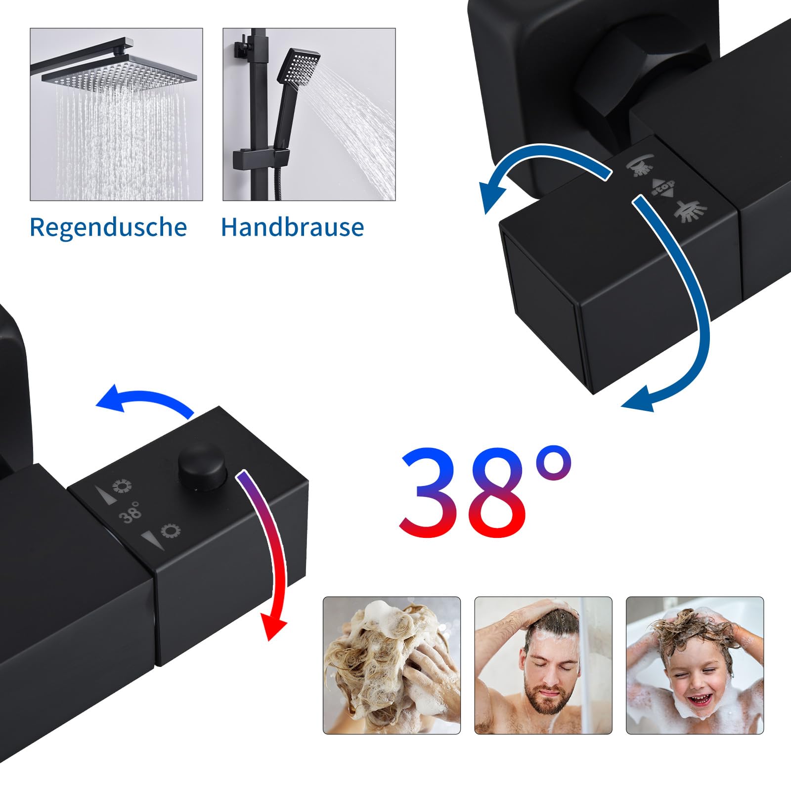 HOMELODY Sistema doccia con termostato nero, rubinetto doccia in acciaio inox con rubinetto, con doccetta in ABS, doccetta regolabile