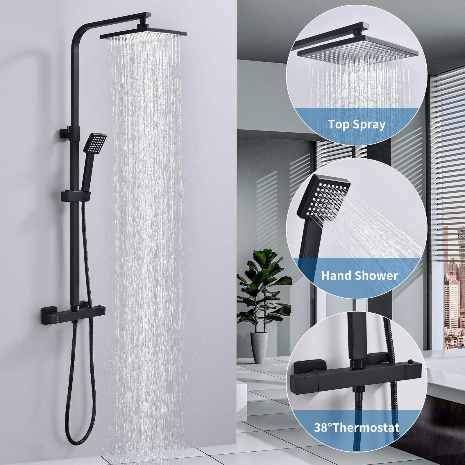 HOMELODY Sistema doccia con termostato nero, rubinetto doccia in acciaio inox con rubinetto, con doccetta in ABS, doccetta regolabile
