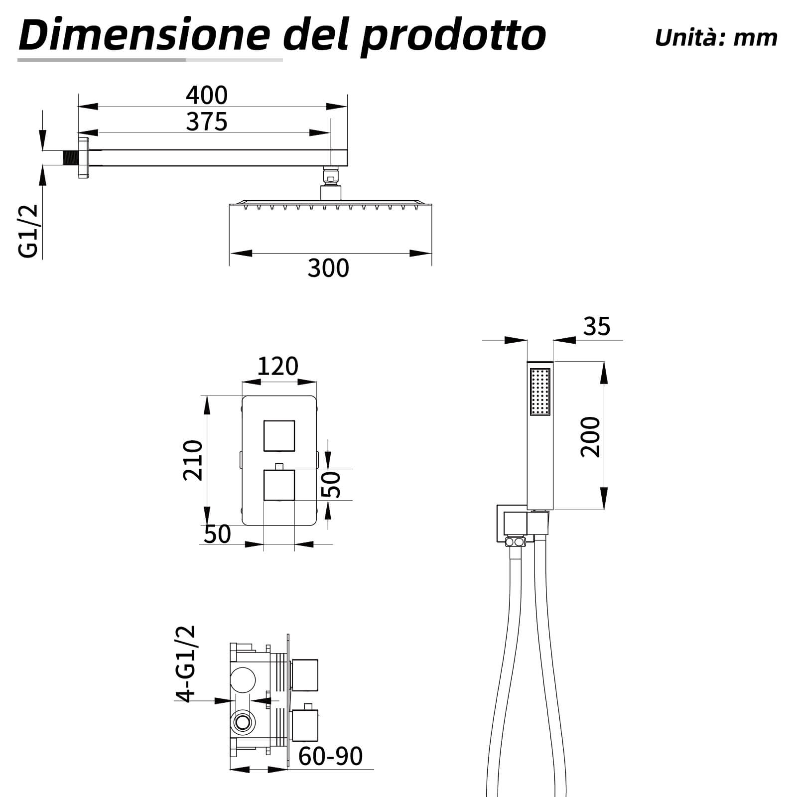 HOMELODY Kit doccia da incasso termostatico 38 ℃ Cromato incluso soffione doccia da 30 cm * 30 cm Corpo in ottone doccetta