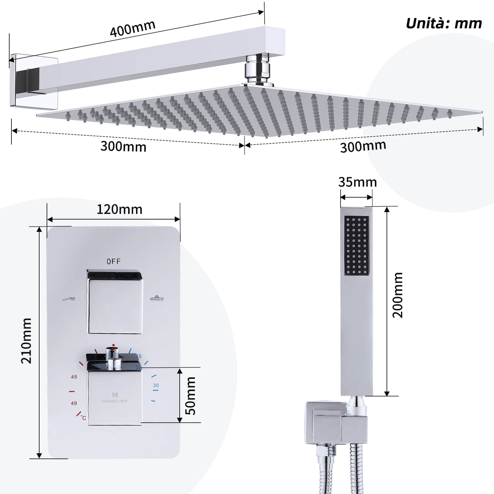 HOMELODY Kit doccia da incasso termostatico 38 ℃ Cromato incluso soffione doccia da 30 cm * 30 cm Corpo in ottone doccetta