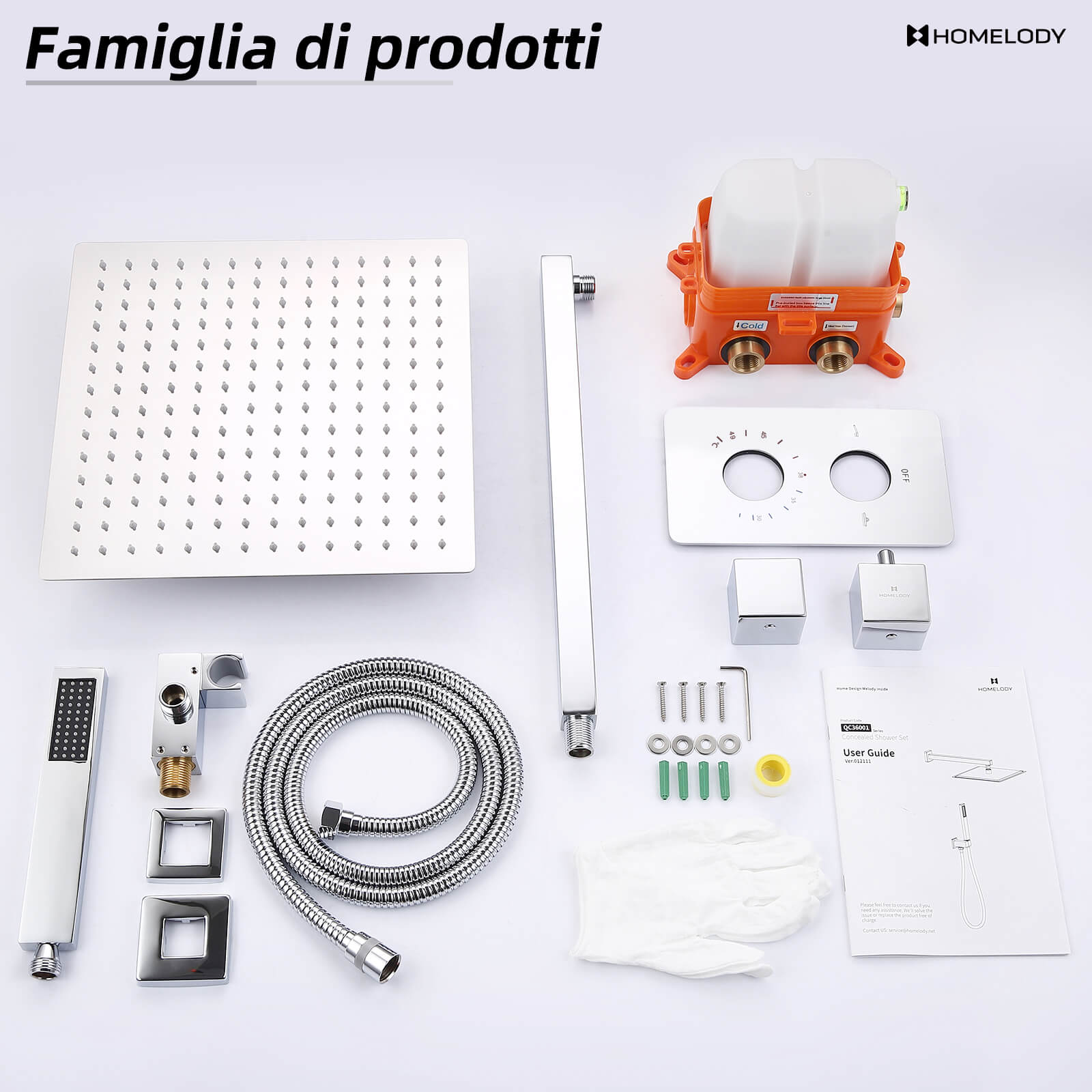 HOMELODY Kit doccia da incasso termostatico 38 ℃ Cromato incluso soffione doccia da 30 cm * 30 cm Corpo in ottone doccetta