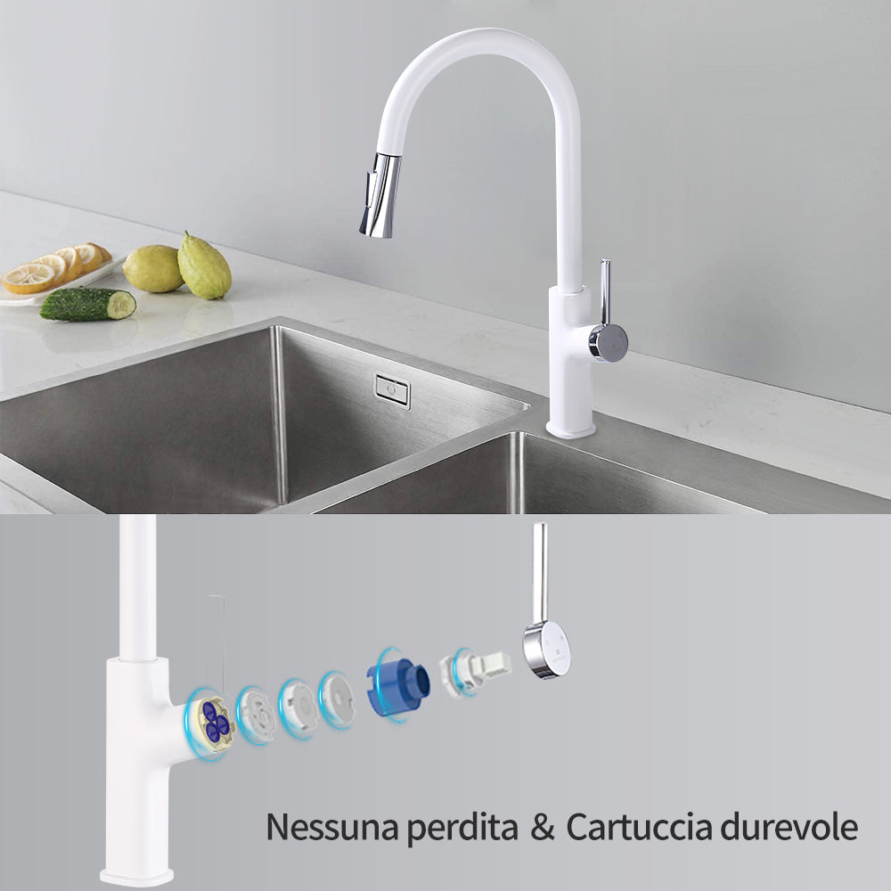 HOMELODY Rubinetto da cucina estraibile per lavello girevole a 360°, nero e oro classico, bianco