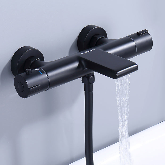 AiHom Miscelatore Termostatico Doccia Vasca Cascata Nero con Pulsante di Sicurezza 38°C in Ottone-Homelody-it