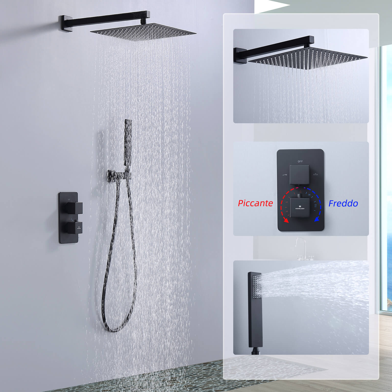 Pannello Doccia 4 In 1 Nero - Doccia A Pioggia, Cascata, Massaggio E Doccetta Con Termostato Colonna Doccia Termostatica - Foto 7