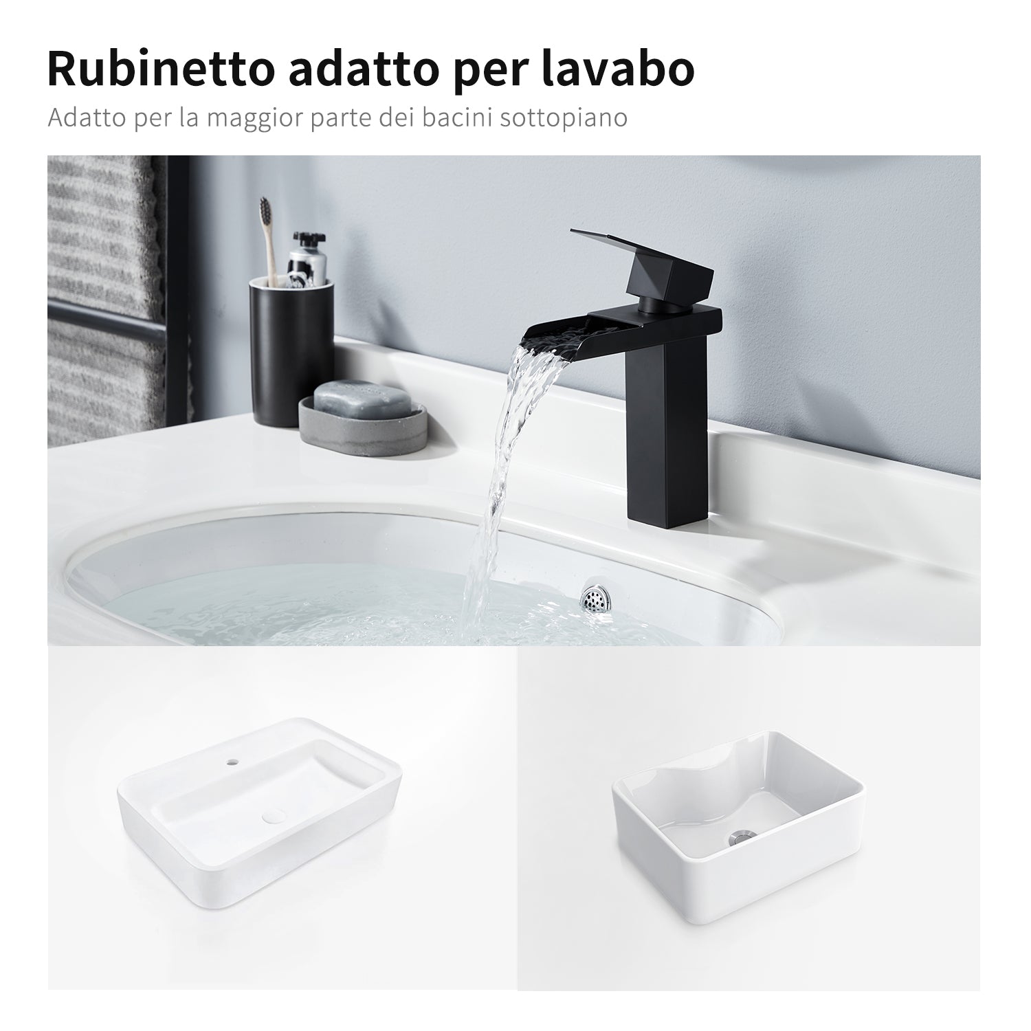 Homelody Rubinetto Bagno Lavabo Nero Ultra-Ampio Flusso Miscelatore Cascata da Lavandino