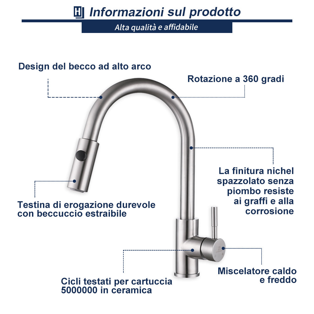 Monocomando Miscelatore Cucina Doccia a scomparsa Cucina Moderna Opaca - Homelody-it