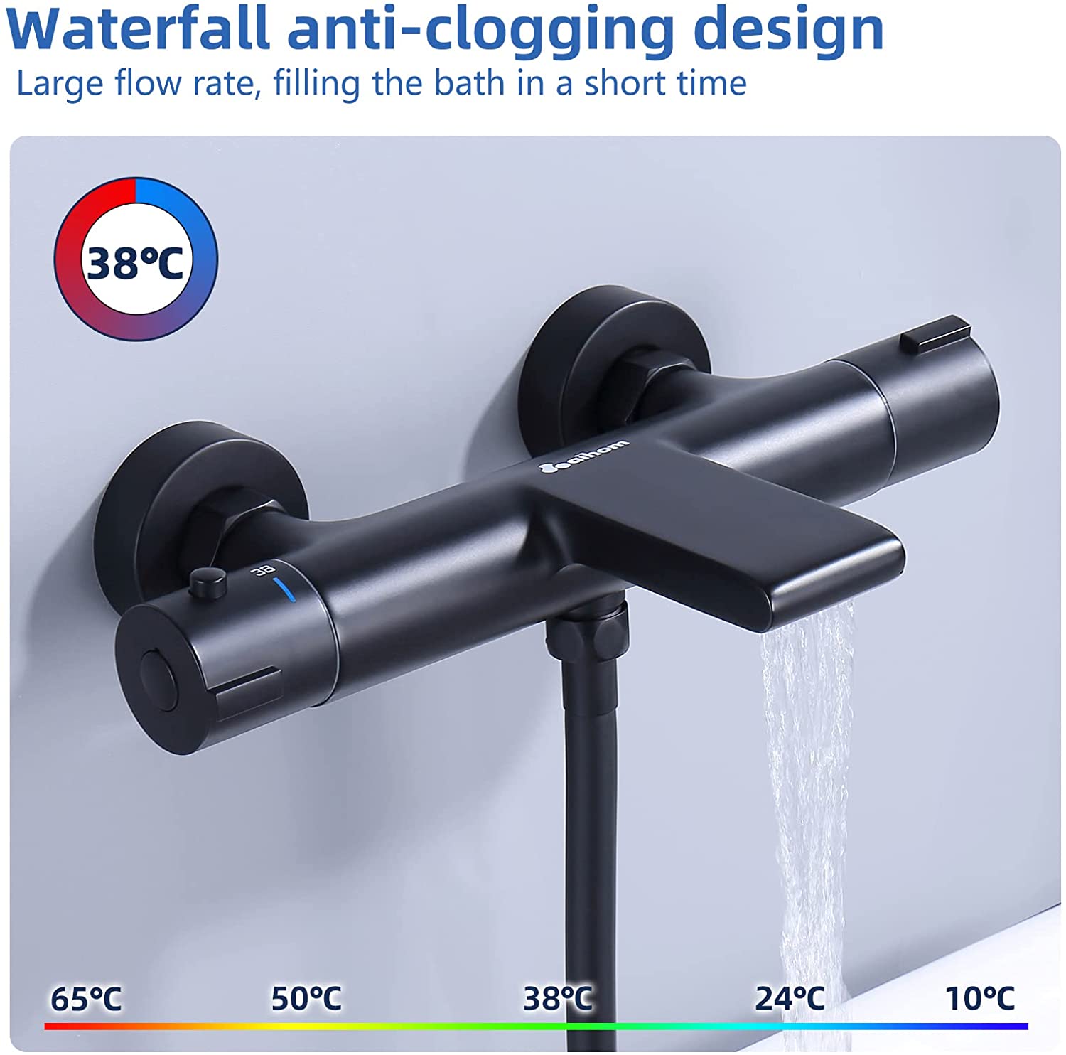 AiHom Miscelatore Termostatico Doccia Vasca Cascata Nero con Pulsante di Sicurezza 38°C in Ottone-Homelody-it