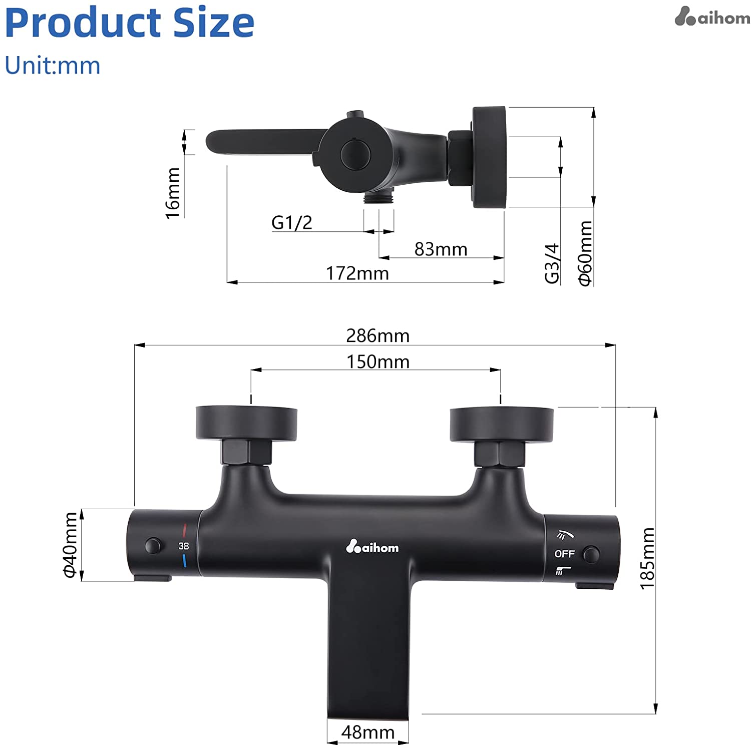 AiHom Miscelatore Termostatico Doccia Vasca Cascata Nero con Pulsante di Sicurezza 38°C in Ottone-Homelody-it