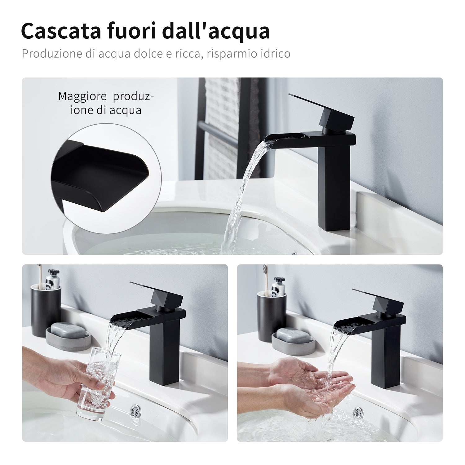 Homelody Rubinetto Bagno Lavabo Nero Ultra-Ampio Flusso Miscelatore Cascata da Lavandino