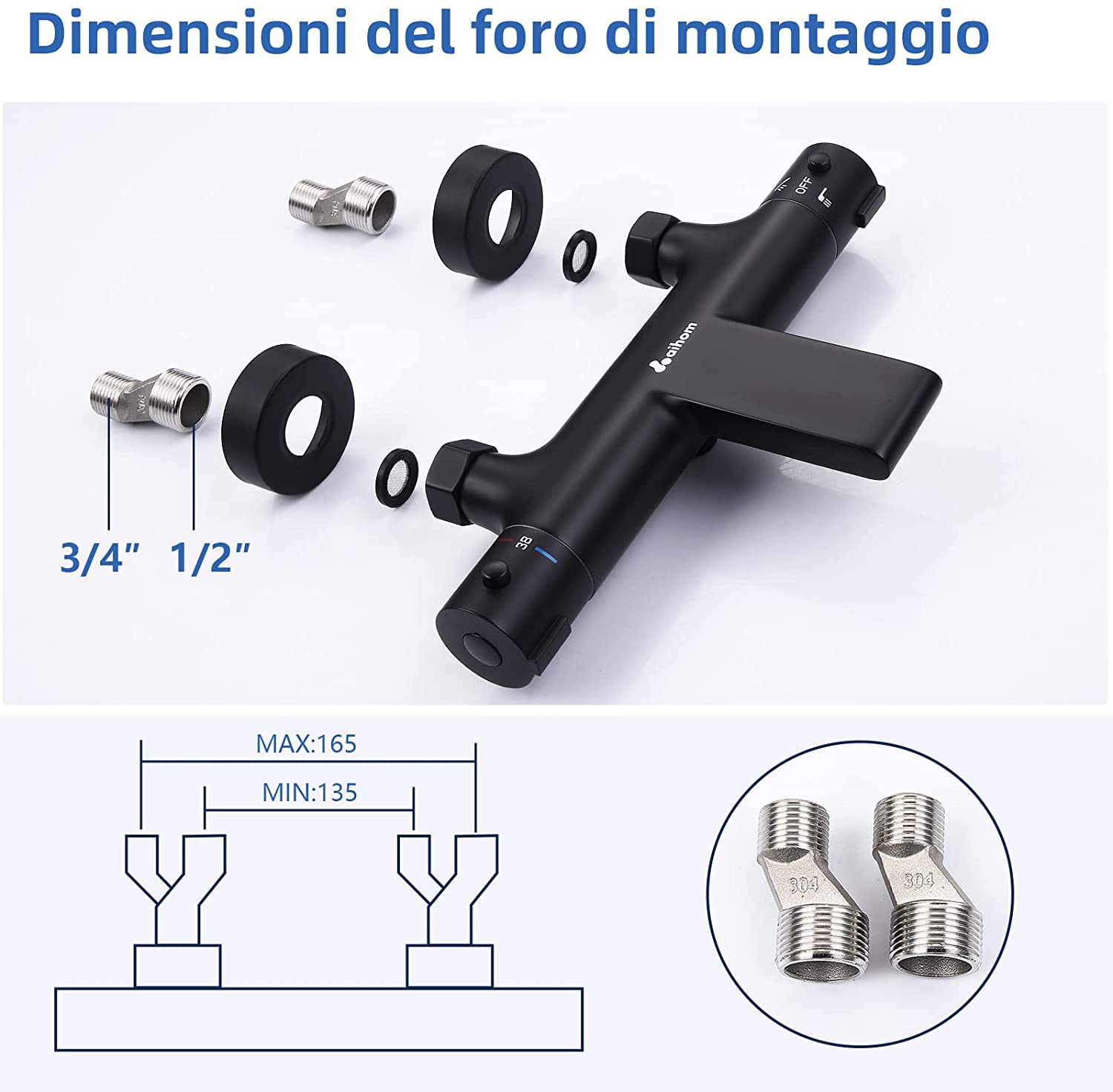 AiHom Miscelatore Termostatico Doccia Vasca Cascata Nero con Pulsante di Sicurezza 38°C in Ottone-Homelody-it